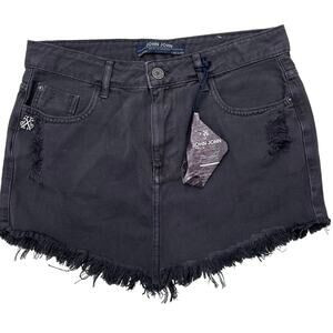 John John Women's 28 Black Distressed Denim Fringed Mini Skirt NWT
